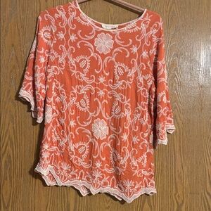 Solitaire Coral and White Embroidered Blouse Size S